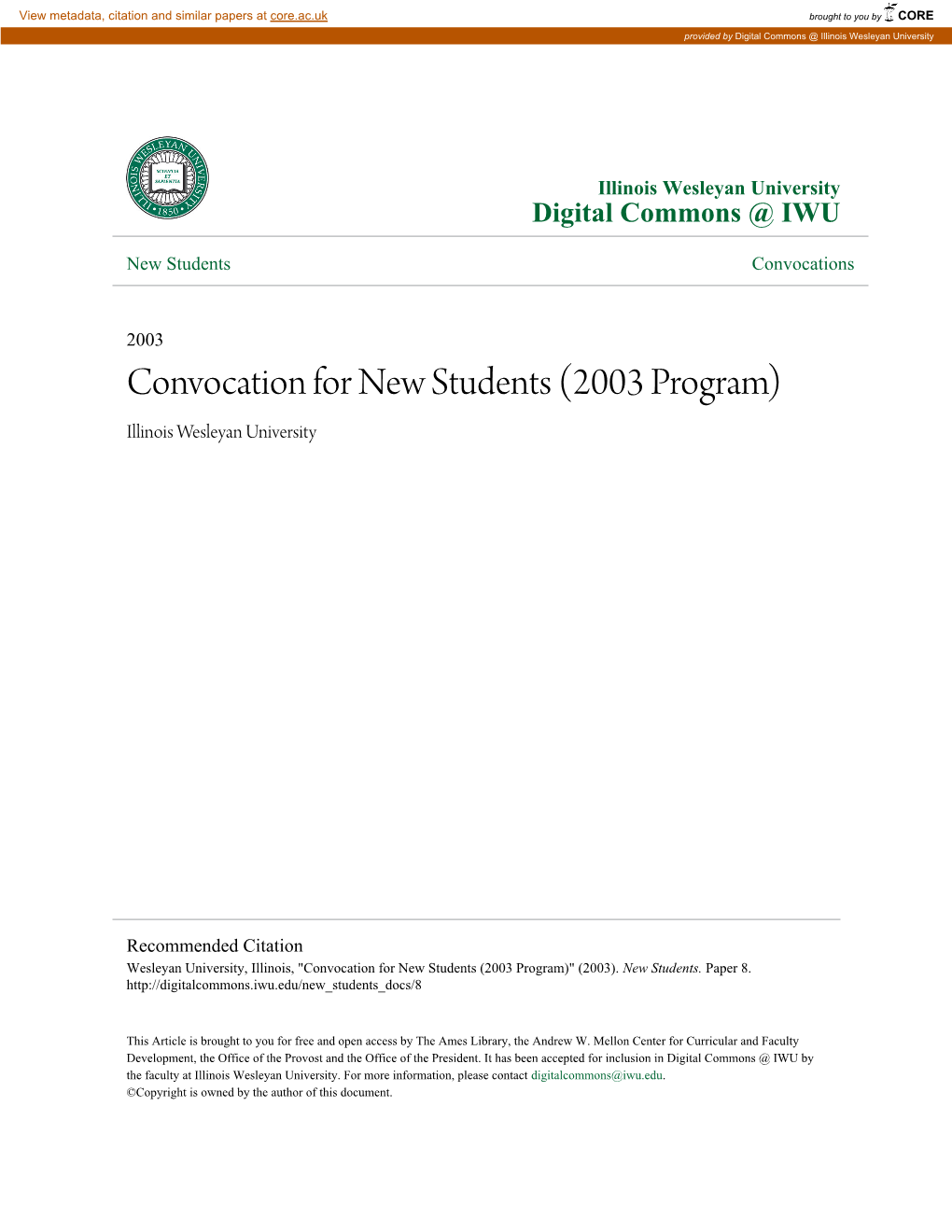 Convocation for New Students (2003 Program) Illinois Wesleyan University