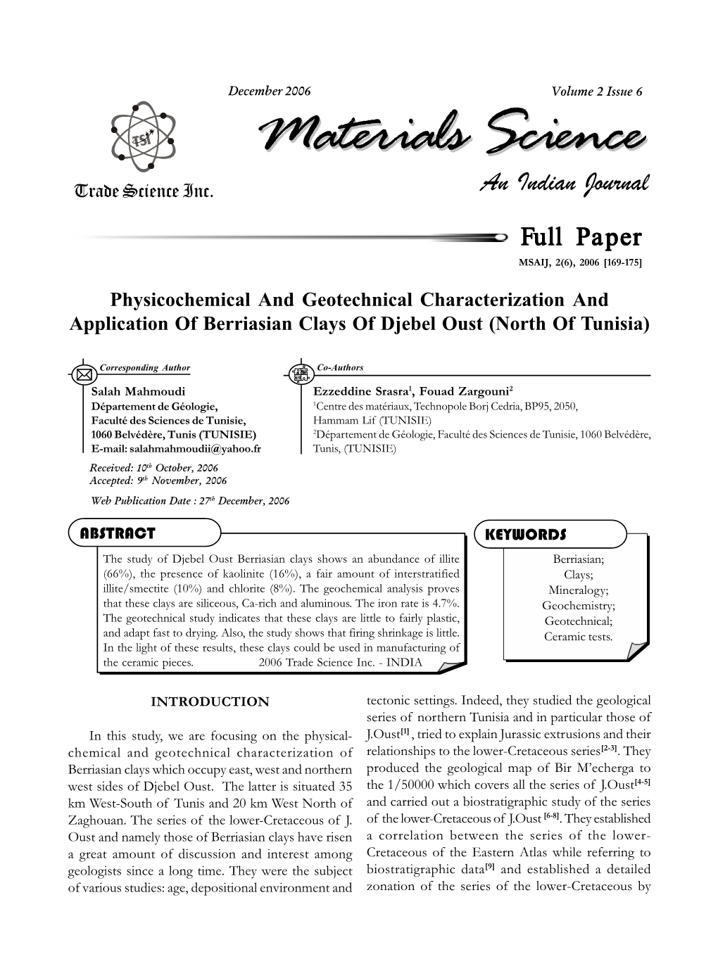 Physicochemical and Geotechnical Characterization and Application of Berriasian Clays of Djebel Oust (North of Tunisia)