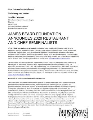 James Beard Foundation Announces 2020 Restaurant and Chef Semifinalists