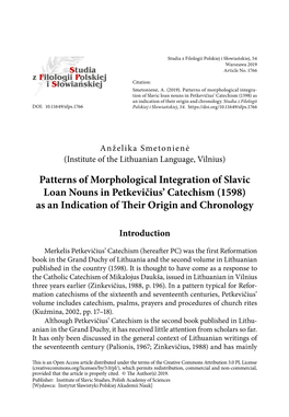 Patterns of Morphological Integration of Slavic Loan Nouns in Petkevičius’ Catechism (1598) As an Indication of Their Origin and Chronology