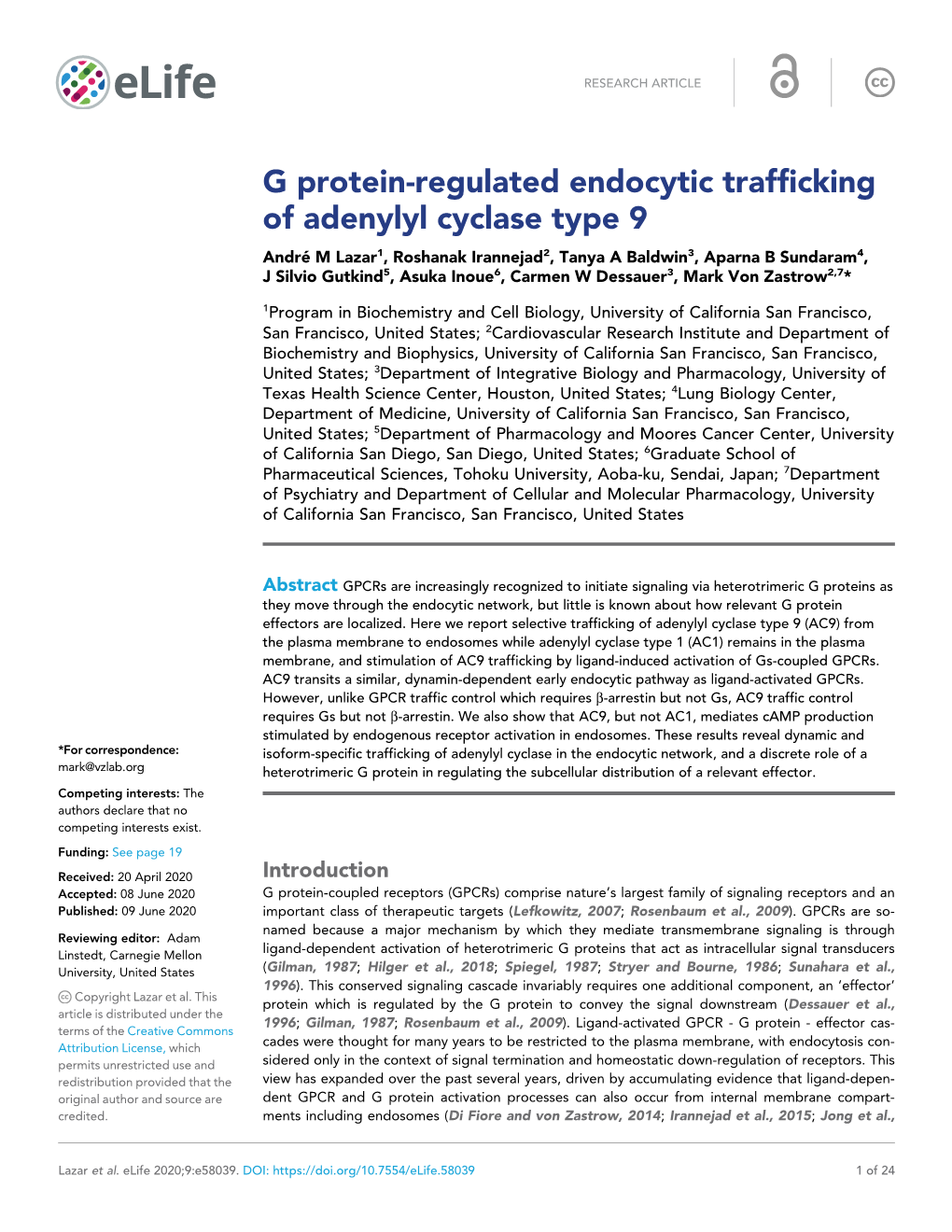 G Protein-Regulated Endocytic Trafficking of Adenylyl Cyclase Type 9