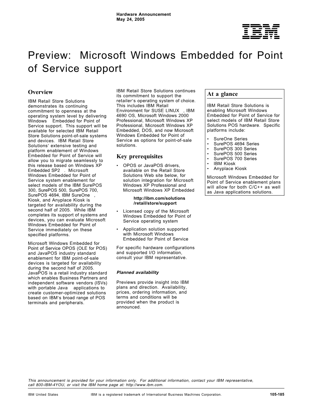 Microsoft Windows Embedded for Point of Service Support