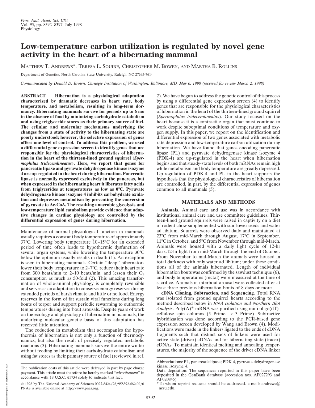 Low-Temperature Carbon Utilization Is Regulated by Novel Gene Activity in the Heart of a Hibernating Mammal