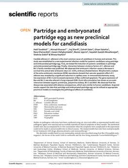 Partridge and Embryonated Partridge Egg As New Preclinical Models For