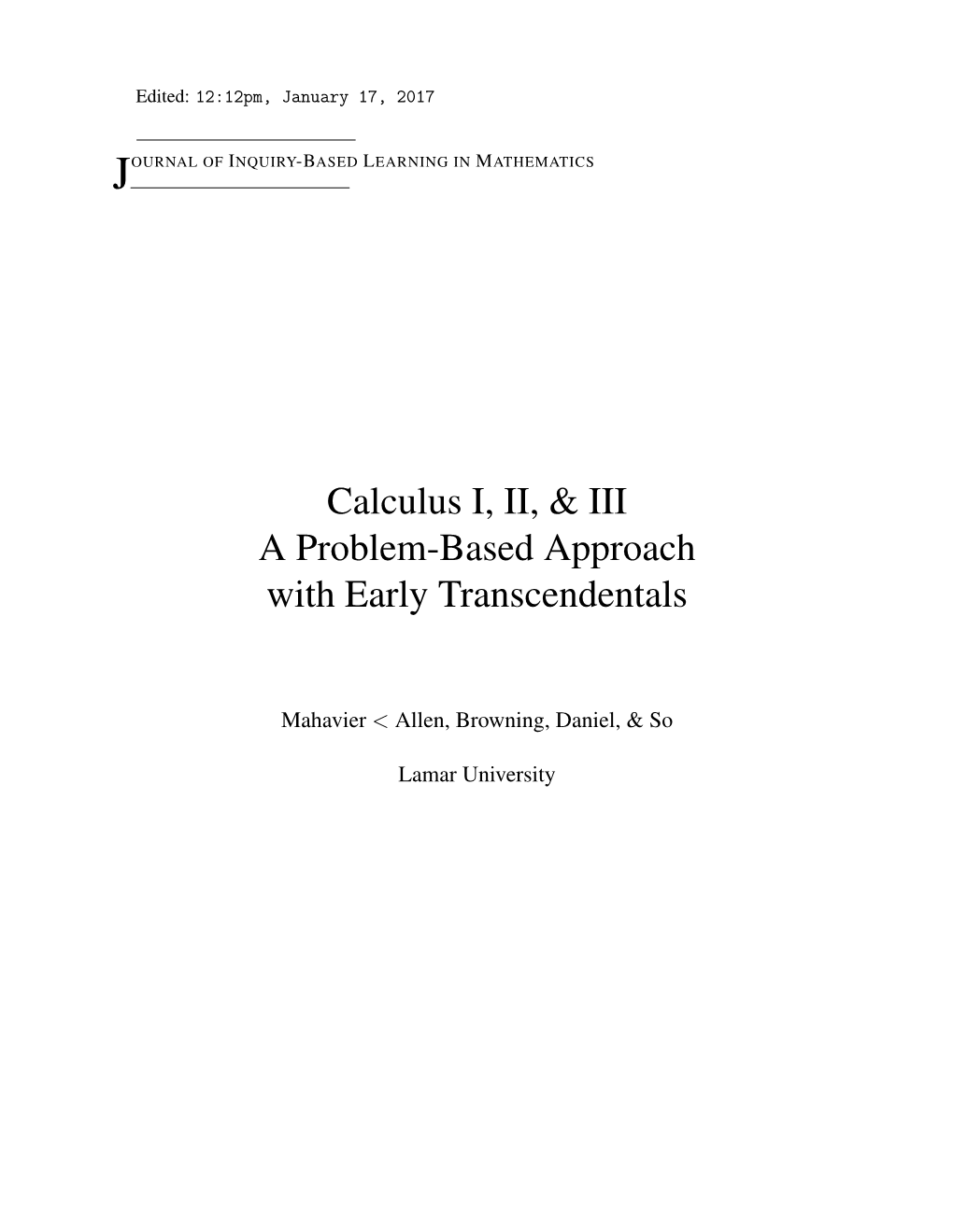 Calculus I, II, & III a Problem-Based Approach with Early Transcendentals