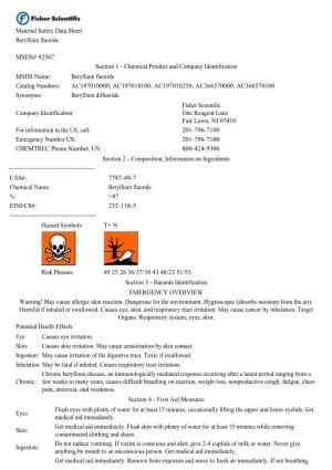 Material Safety Data Sheet Beryllium Fluoride MSDS# 92567