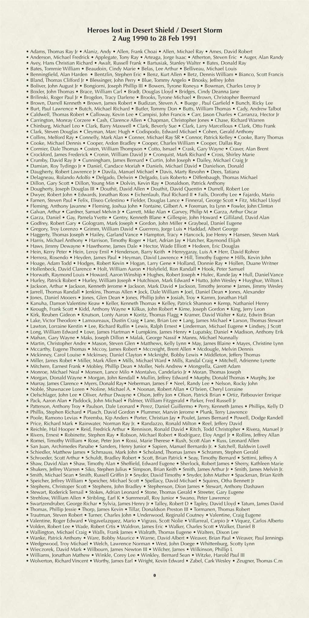 Heroes Lost in Desert Shield / Desert Storm 2 Aug 1990 to 28 Feb 1991