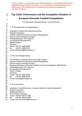 Top Clubs' Performance and the Competitive Situation in European Domestic Football Competitions