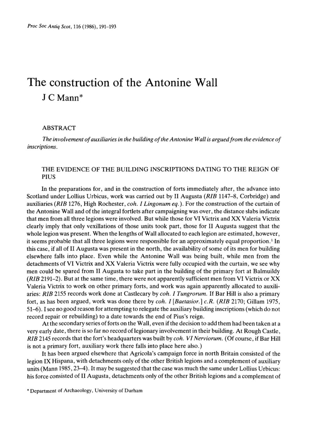 The Construction of the Antonine Wall J C Mann*