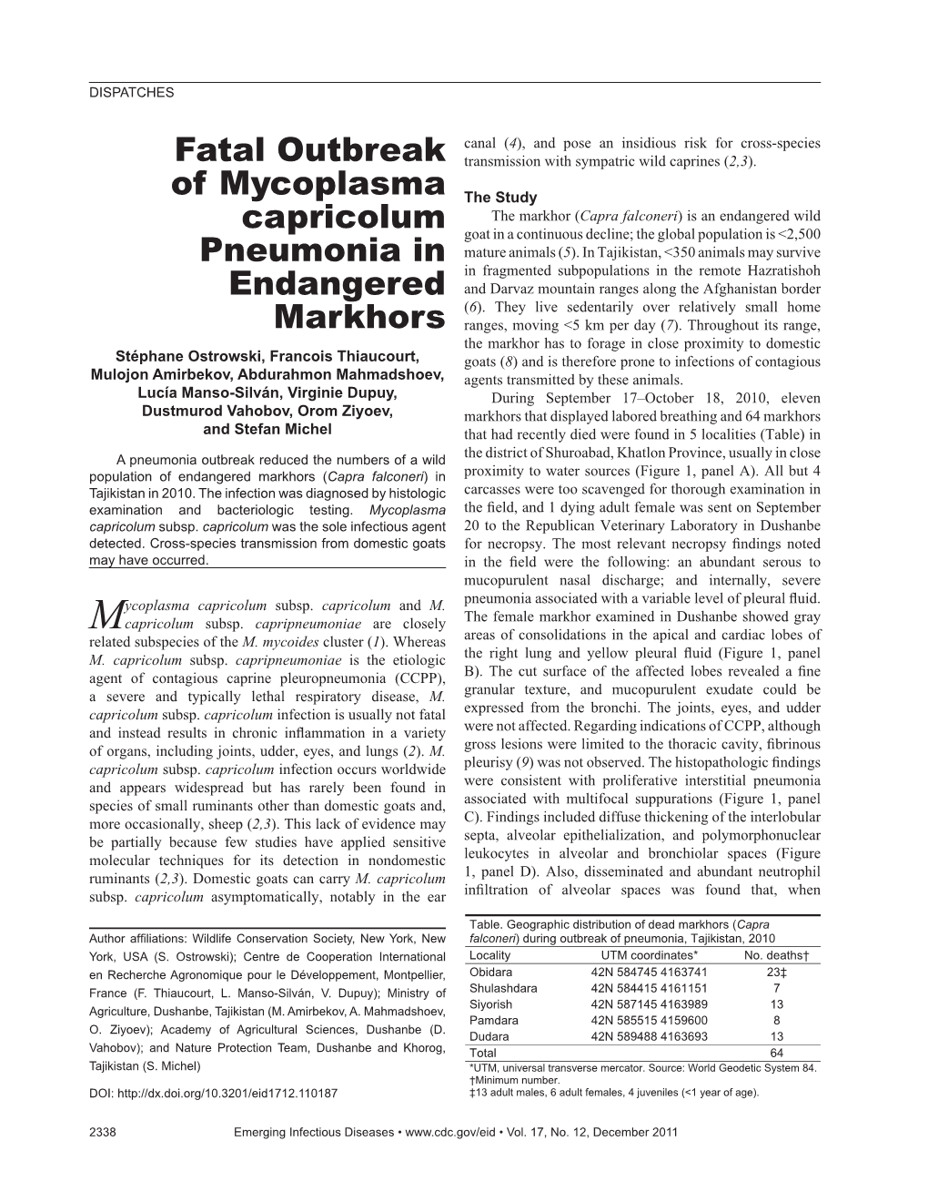 Fatal Outbreak of Mycoplasma Capricolum Pneumonia In