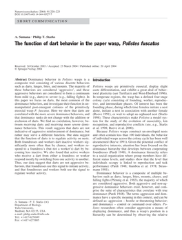 The Function of Dart Behavior in the Paper Wasp, Polistes Fuscatus