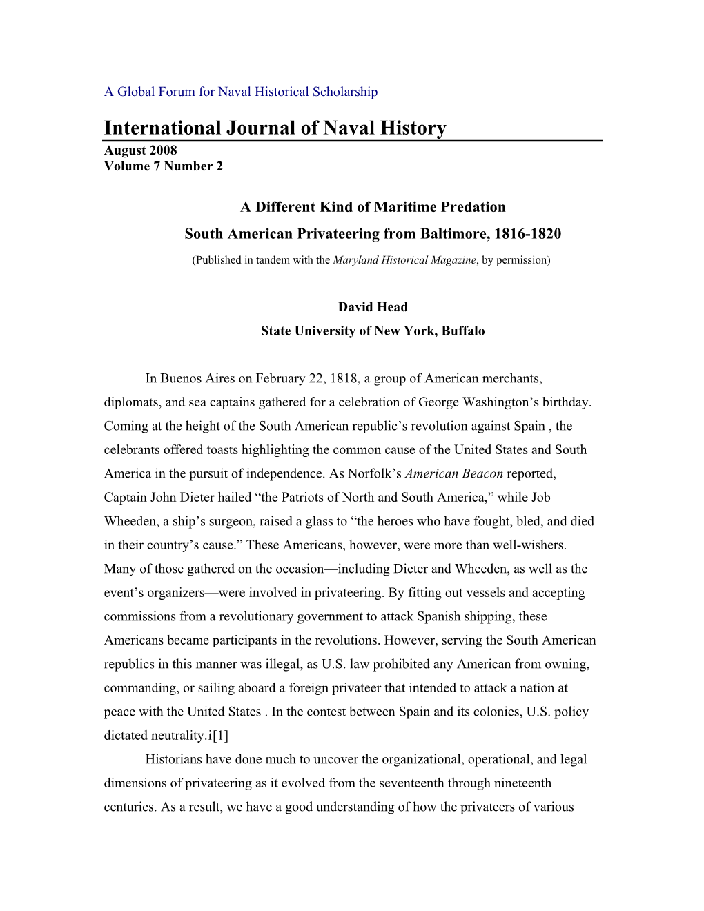 A Different Kind of Maritime Predation South American Privateering from Baltimore, 1816-1820