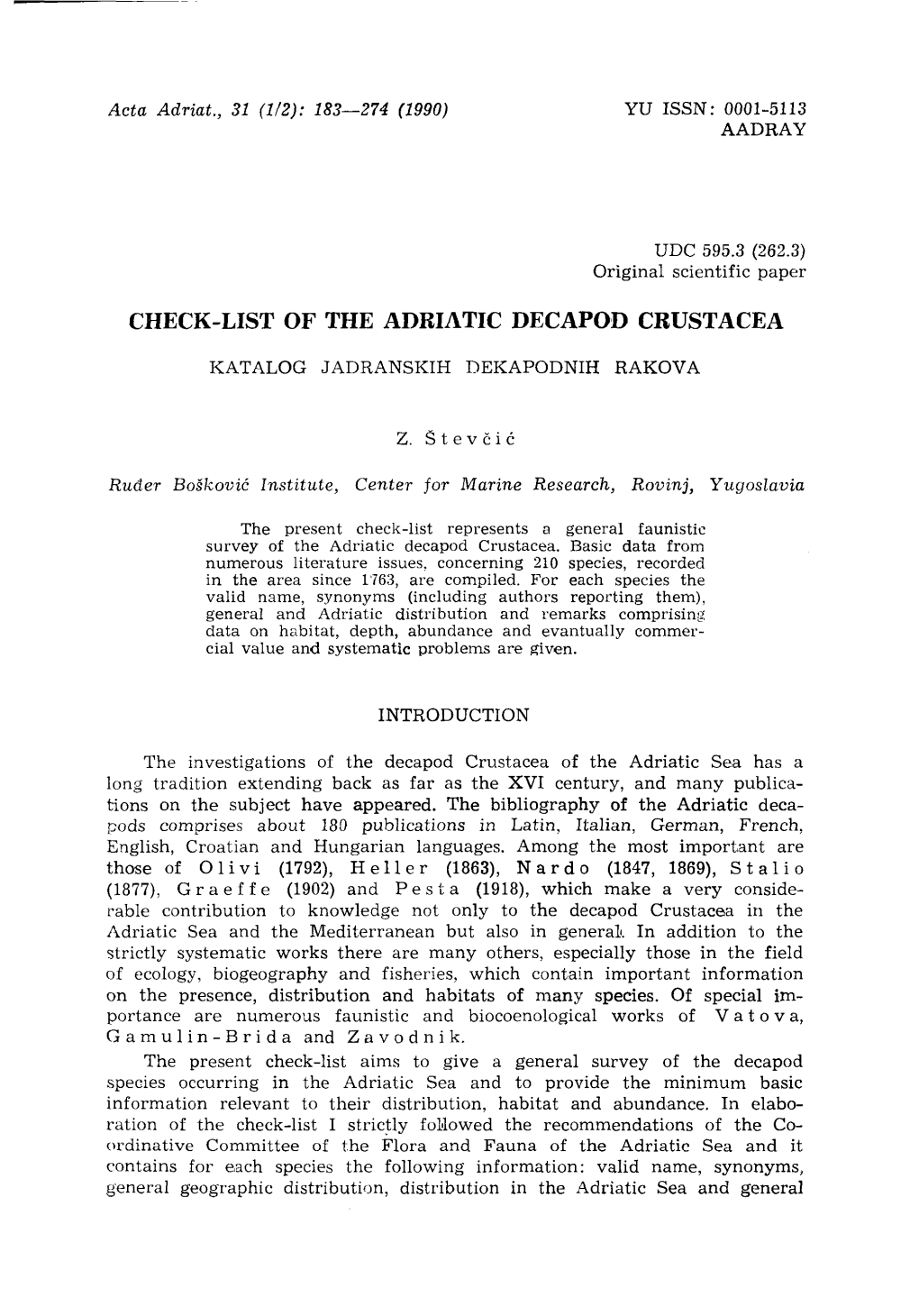 Check-List of the Adriatic Decapod Crustacea