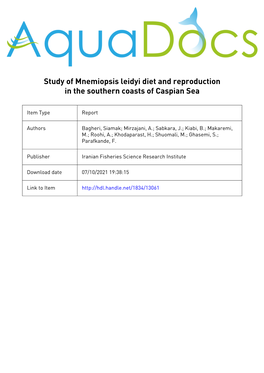 Study of Mnemiopsis Leidyi Diet and Reproduction in the Southern Coasts of Caspian Sea