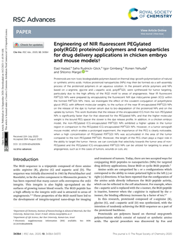 Engineering of NIR Fluorescent Pegylated Poly(RGD) Proteinoid Polymers and Nanoparticles for Drug Delivery Applications in Chick