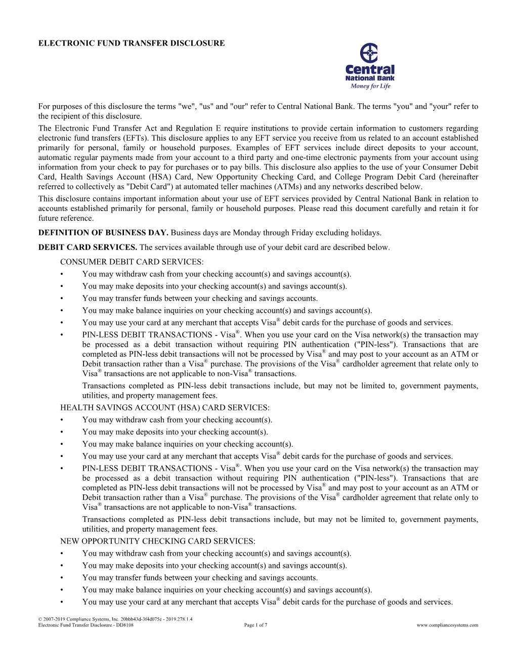 Electronic Fund Transfer Disclosure