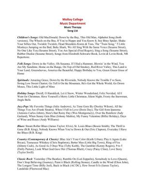 Molloy College Music Department Music Therapy Song List
