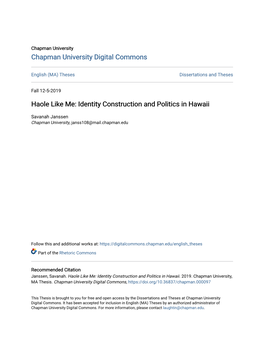 Haole Like Me: Identity Construction and Politics in Hawaii