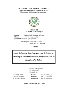 La Céréaliculture Dans L'extrême Sud De L'algérie : Historique, Situation Actuelle Et Perspectives (Cas De La Région D