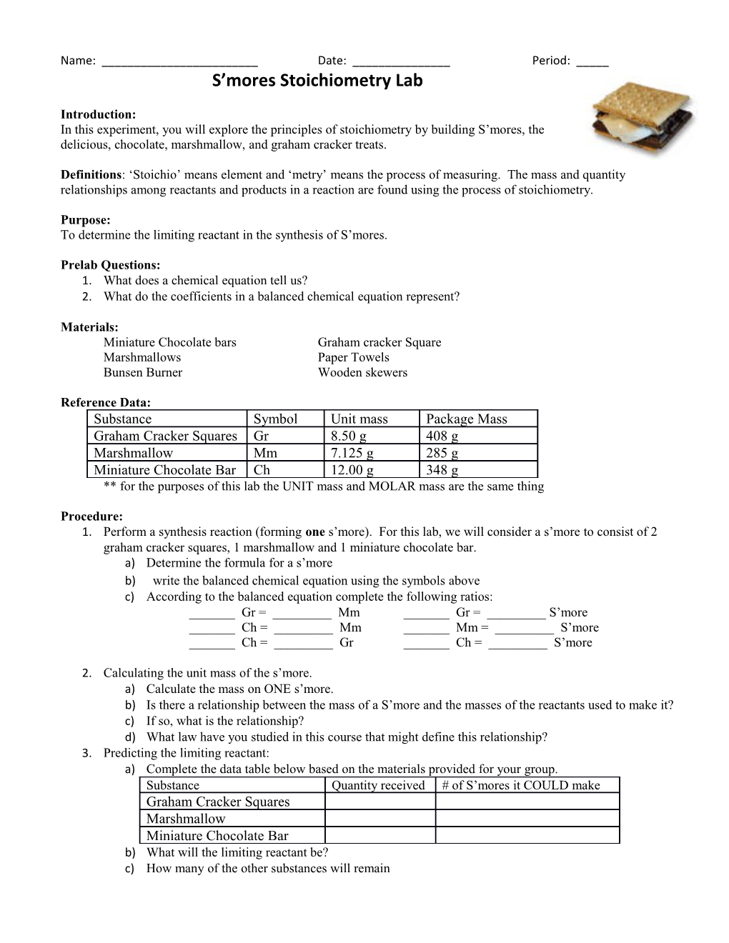 S Mores Stoichiometry Lab