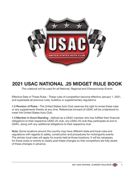 2021 USAC NATIONAL .25 MIDGET RULE BOOK This Rulebook Will Be Used for All National, Regional and Championship Events