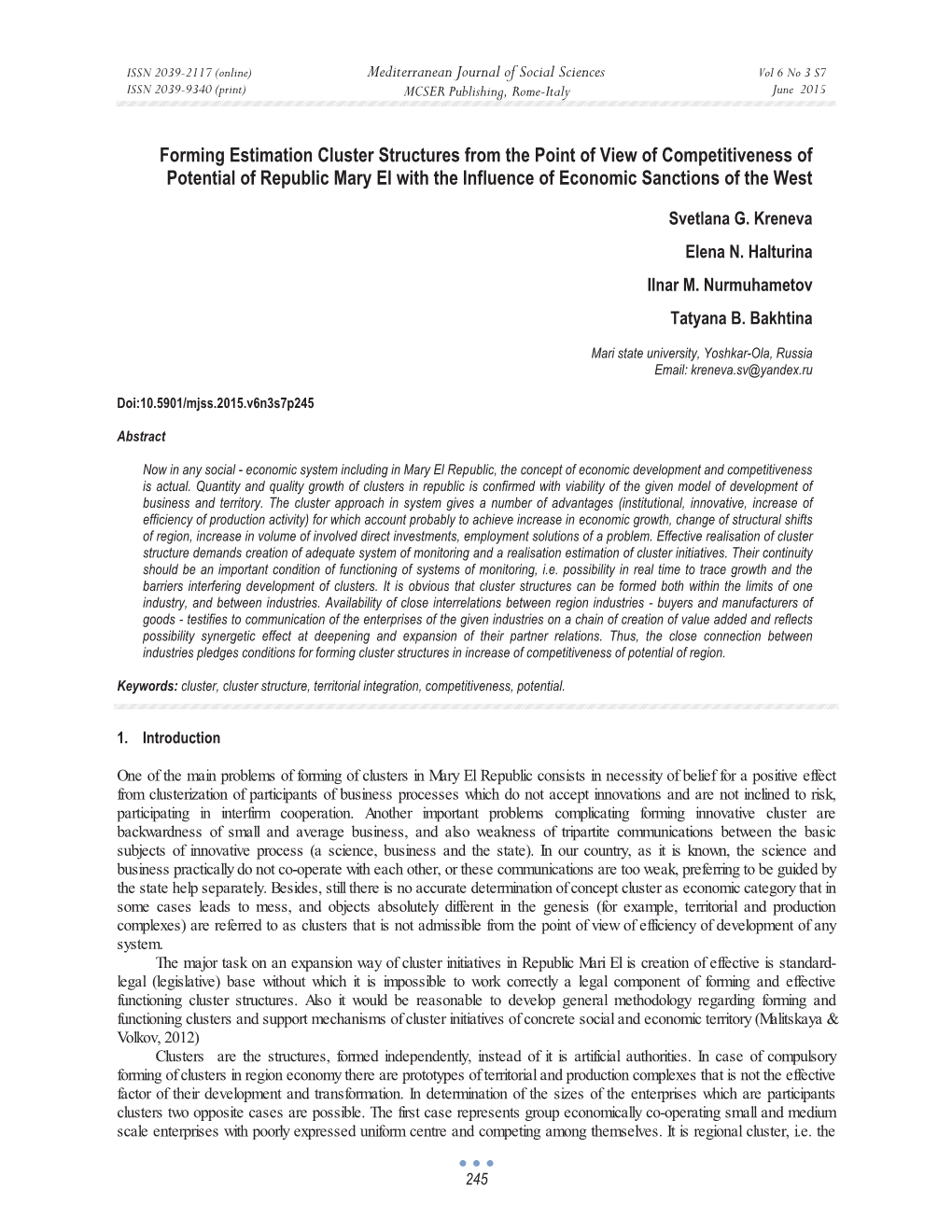 Forming Estimation Cluster Structures from the Point of View of Competitiveness of Potential of Republic Mary El with the Influence of Economic Sanctions of the West