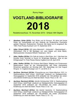 VOGTLAND-BIBLIOGRAFIE 2018 Redaktionsschluss: 15