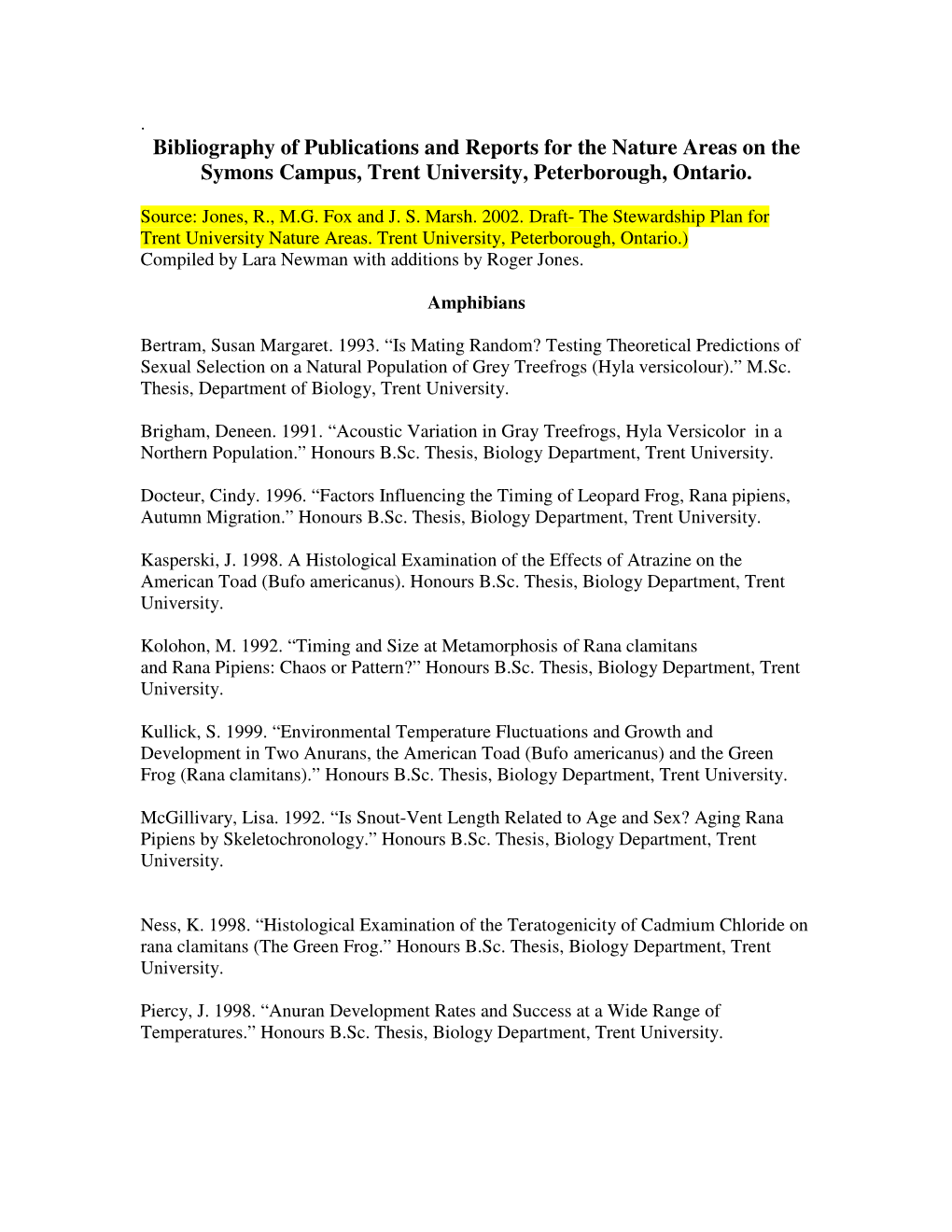 Bibliography of Publications and Reports for the Nature Areas on the Symons Campus, Trent University, Peterborough, Ontario