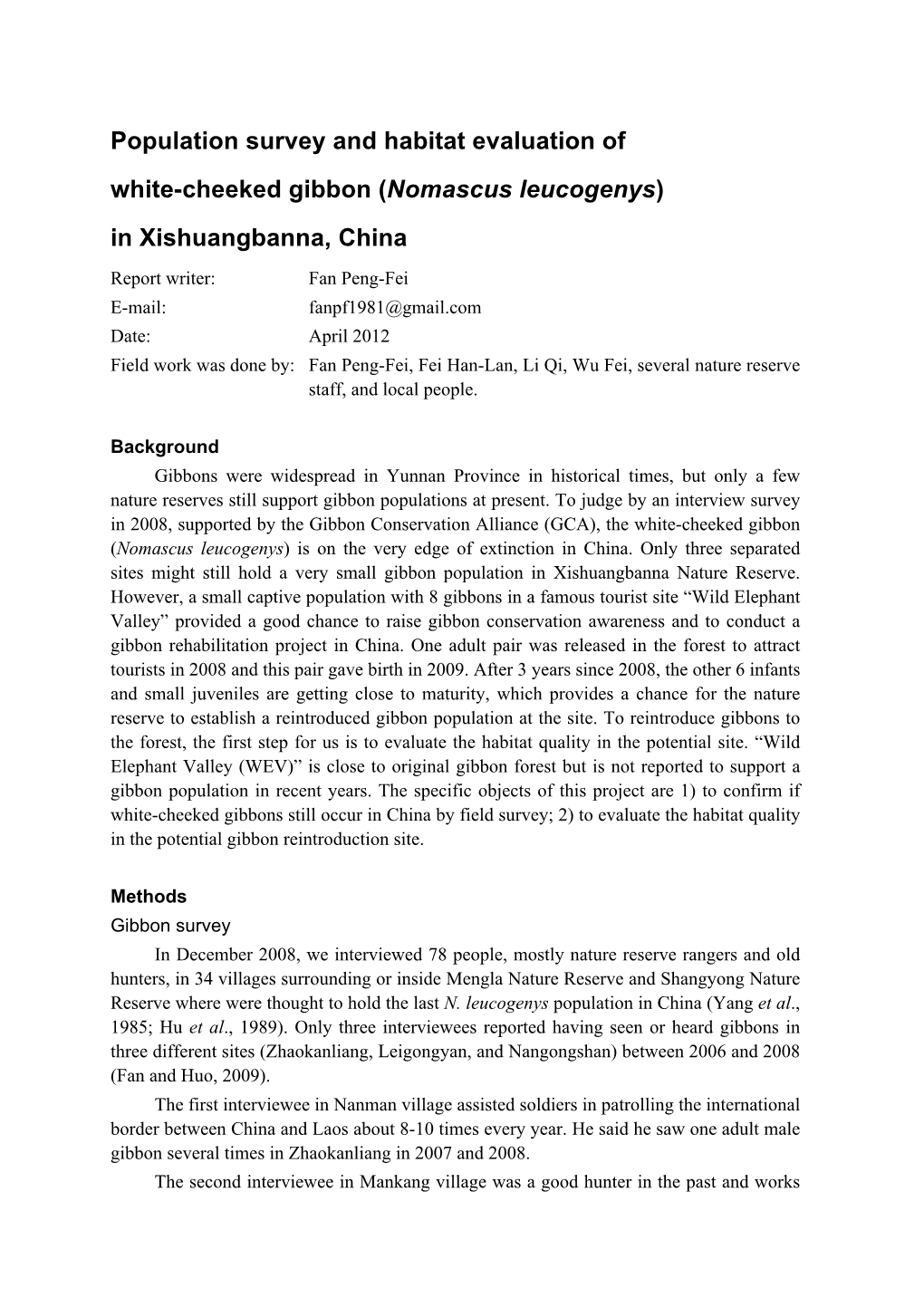 Population Survey and Habitat Evaluation of White-Cheeked Gibbon (Nomascus Leucogenys) in Xishuangbanna, China