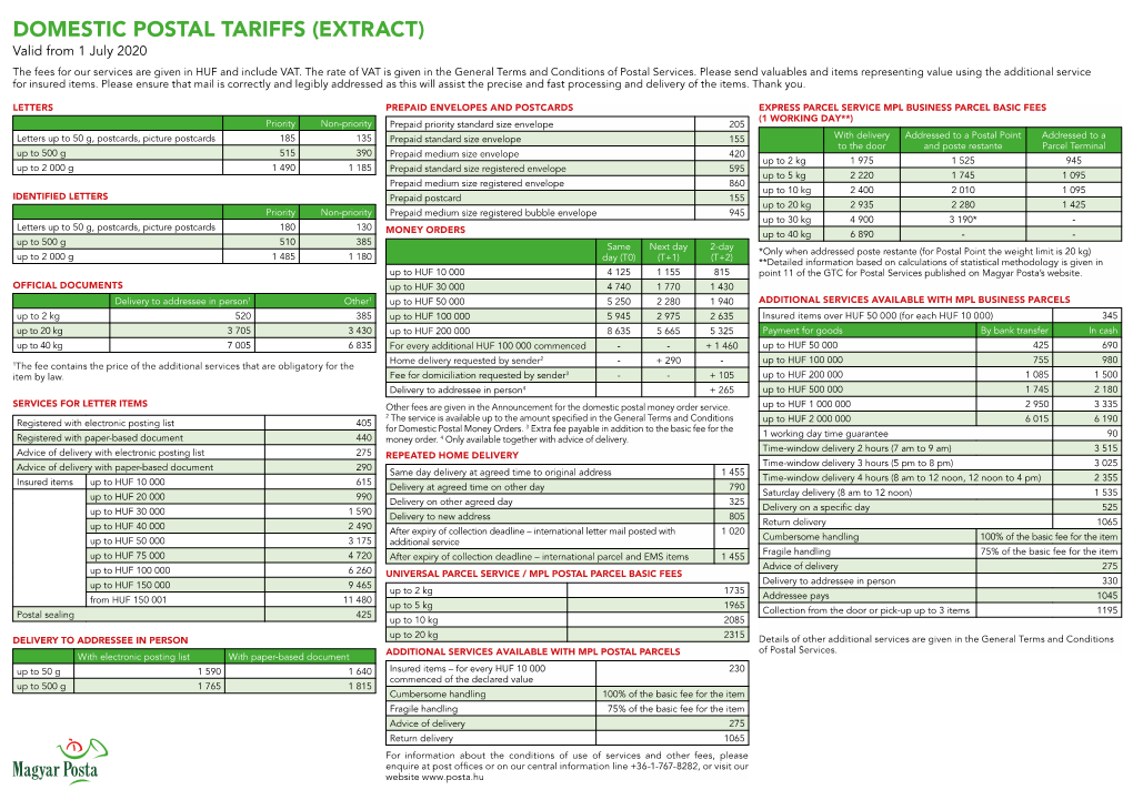 DOMESTIC POSTAL TARIFFS (EXTRACT) Valid from 1 July 2020 the Fees for Our Services Are Given in HUF and Include VAT