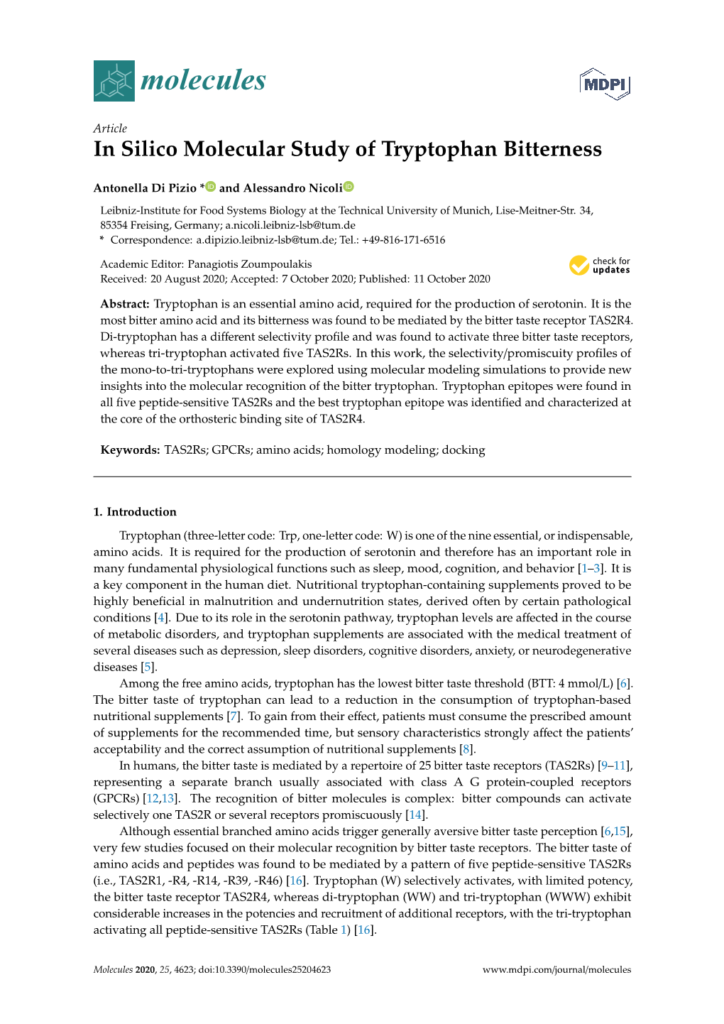 In Silico Molecular Study of Tryptophan Bitterness