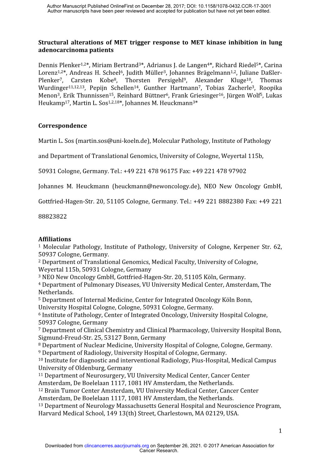 Structural Alterations of MET Trigger Response to MET Kinase Inhibition in Lung Adenocarcinoma Patients