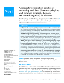 Comparative Population Genetics of Swimming Crab Host (Portunus Pelagicus) and Common Symbiotic Barnacle (Octolasmis Angulata) in Vietnam