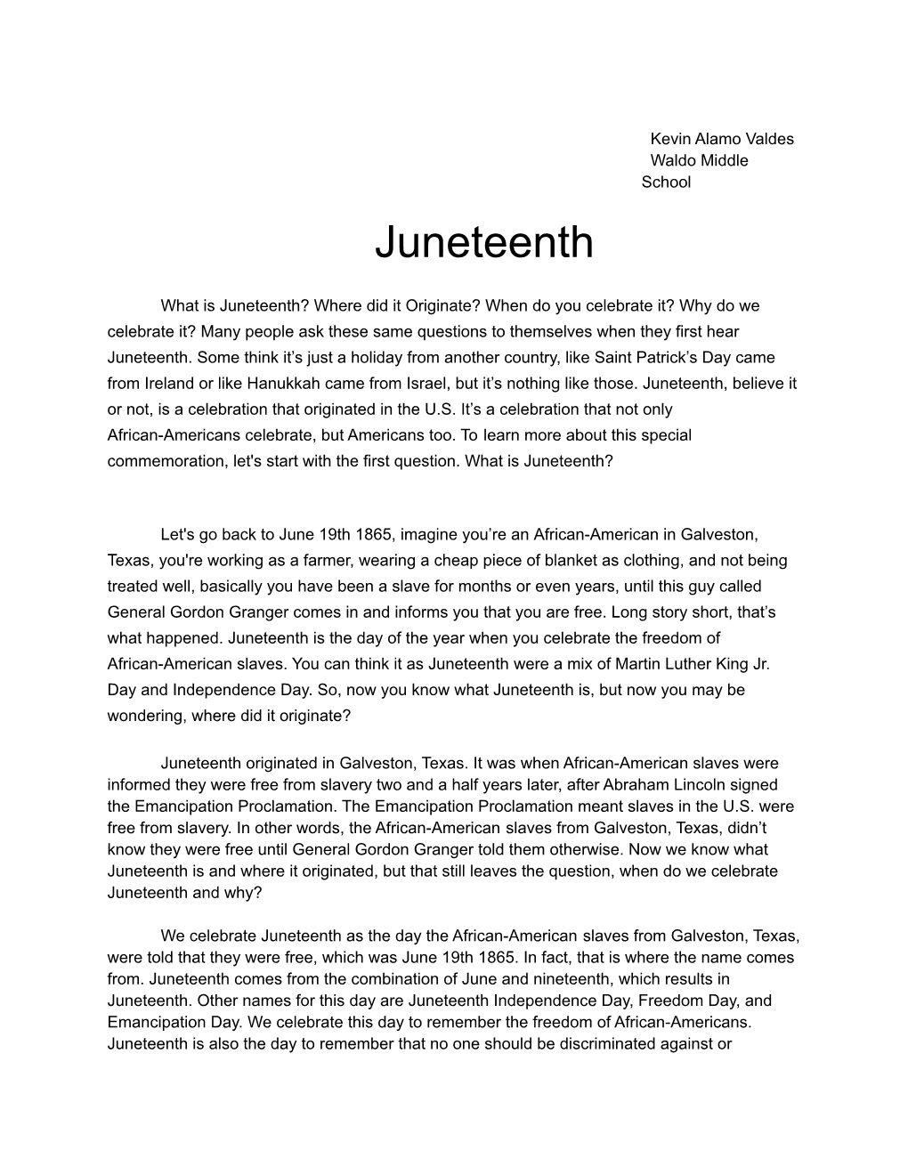 Juneteenth by Kevin Alamo Valdes (Waldo Middle School)