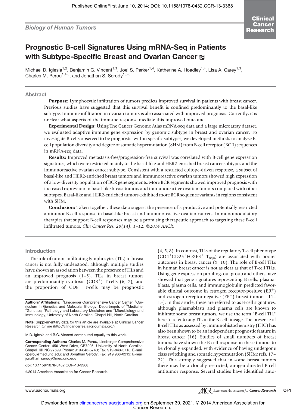 Prognostic B-Cell Signatures Using Mrna-Seq in Patients with Subtype-Speciﬁc Breast and Ovarian Cancer