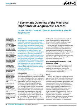A Systematic Overview of the Medicinal Importance of Sanguivorous Leeches S.M
