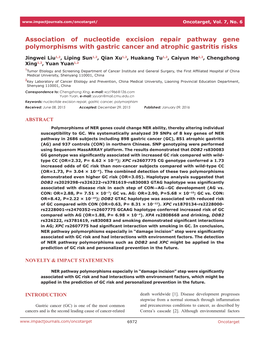 Association of Nucleotide Excision Repair Pathway Gene Polymorphisms with Gastric Cancer and Atrophic Gastritis Risks
