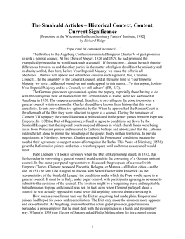 The Smalcald Articles – Historical Context, Content, Current Significance [Presented at the Wisconsin Lutheran Seminary Pastors’ Institute, 1992] by Richard Balge