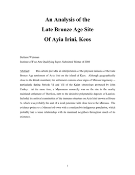 An Analysis of the Late Bronze Age Site of Ayia Irini, Keos