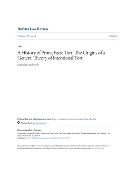 A History of Prima Facie Tort: the Origins of a General Theory of Intentional Tort Kenneth J