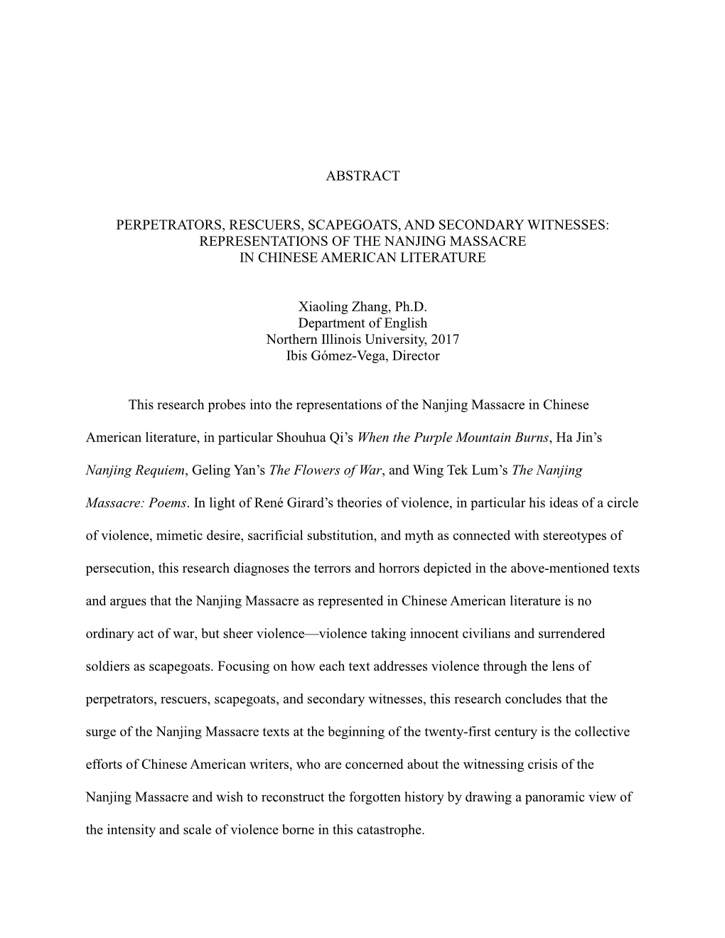 Representations of the Nanjing Massacre in Chinese American Literature