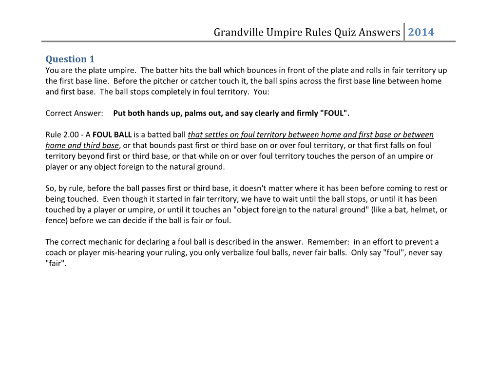 Grandville Umpire Rules Quiz Answers 2014