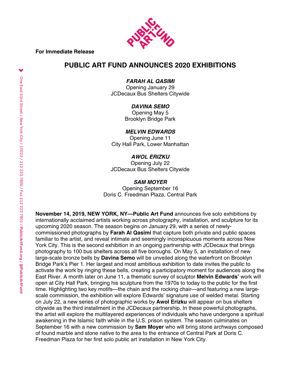 Public Art Fund Announces 2020 Exhibitions