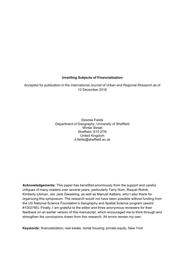 Unwilling Subjects of Financialization Accepted for Publication in The