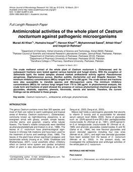 Antimicrobial Activities of the Whole Plant of Cestrum Nocturnum Against Pathogenic Microorganisms