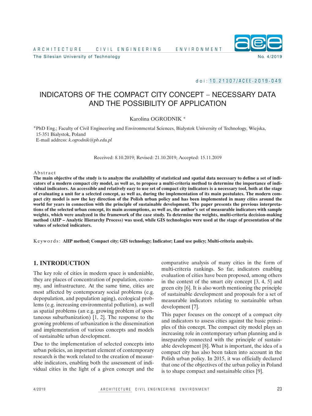 Indicators of the Compact City Concept – Necessary Data and the Possibility of Application