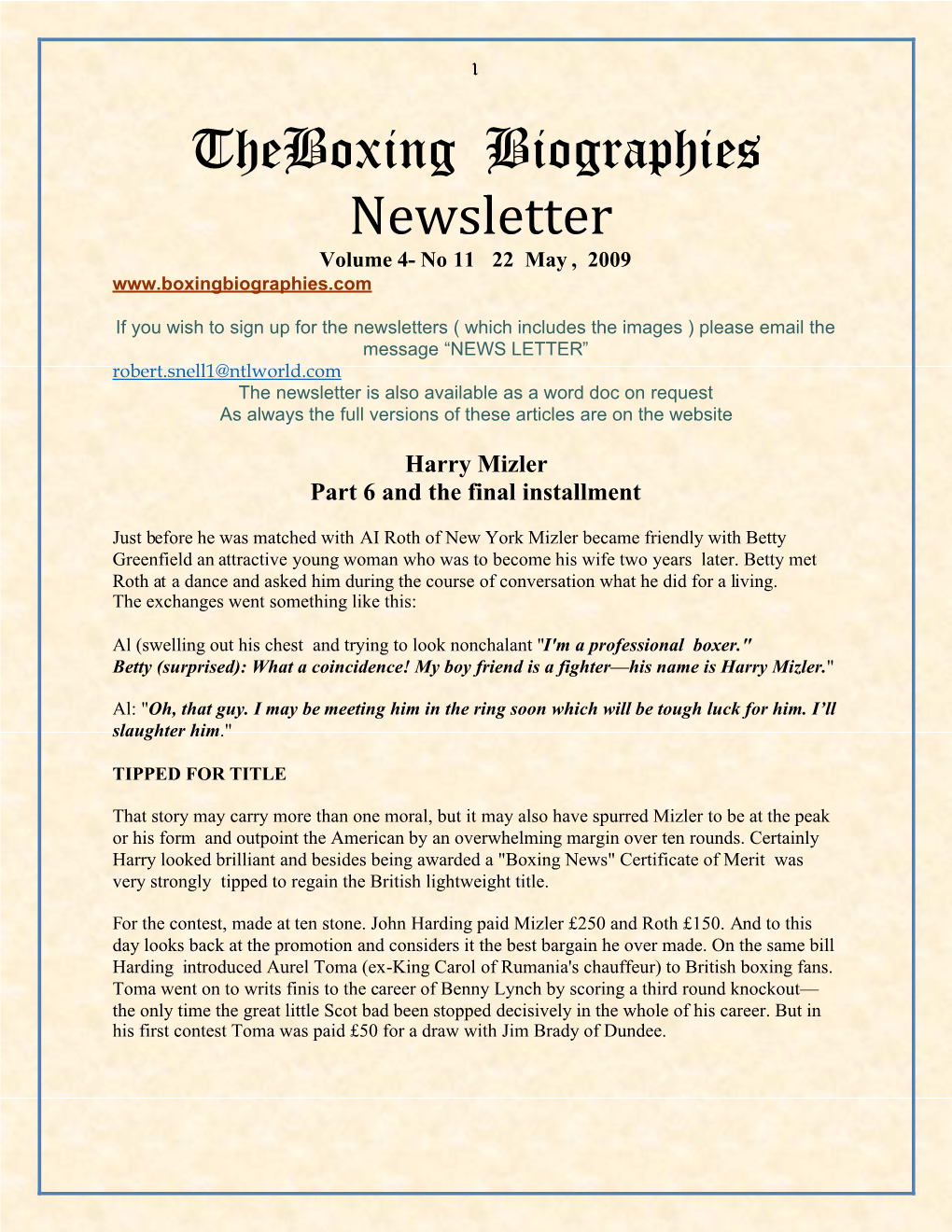 Theboxing Biographies Newsletter Volume 4- No 11 22 May , 2009