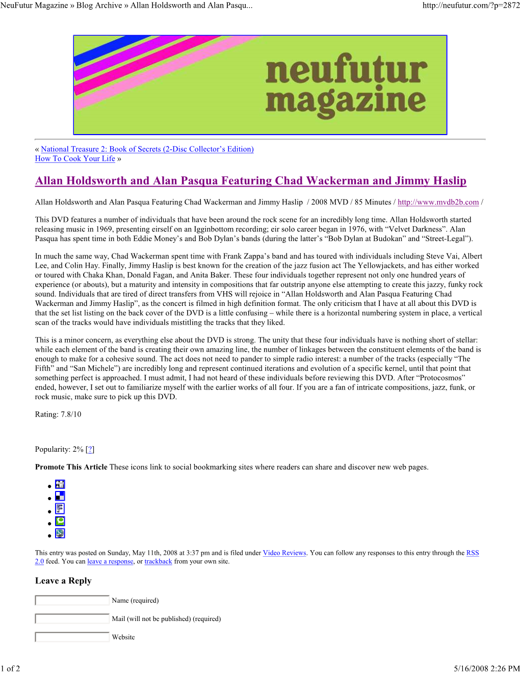 Neufutur Magazine » Blog Archive » Allan Holdsworth and Alan Pasqu