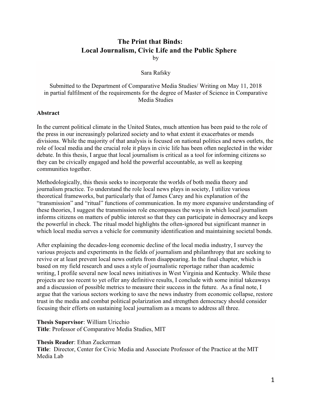 1 the Print That Binds: Local Journalism, Civic Life and the Public Sphere