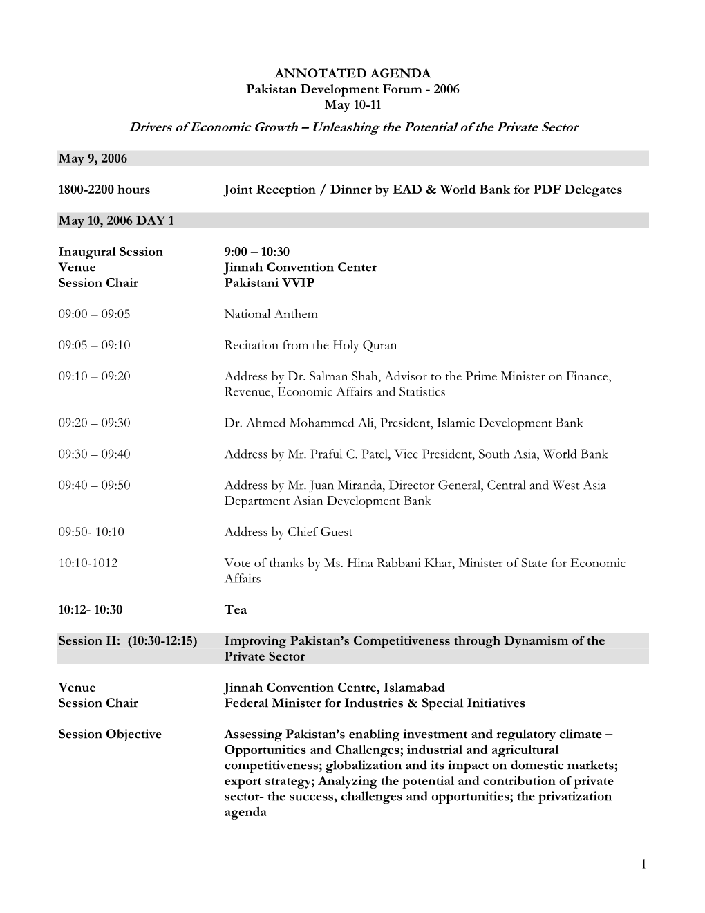 ANNOTATED AGENDA Pakistan Development Forum - 2006 May 10-11 Drivers of Economic Growth – Unleashing the Potential of the Private Sector